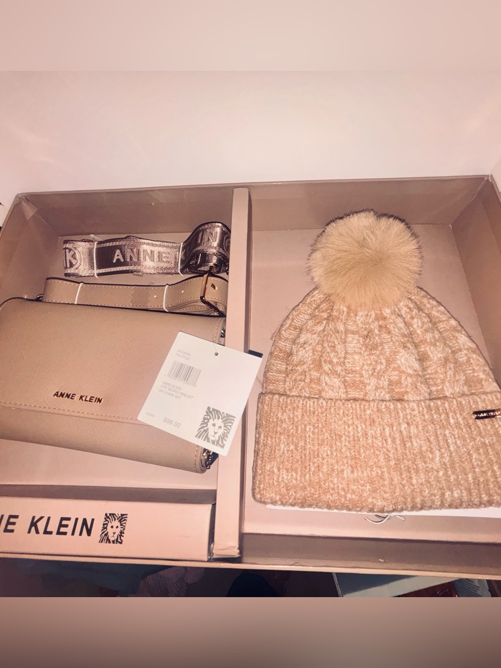 Anne Klein Tan Knit Beanie with Faux-Fur Pom and purse